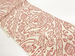 手織り真綿紬花葉に幾何学模様織出し名古屋帯